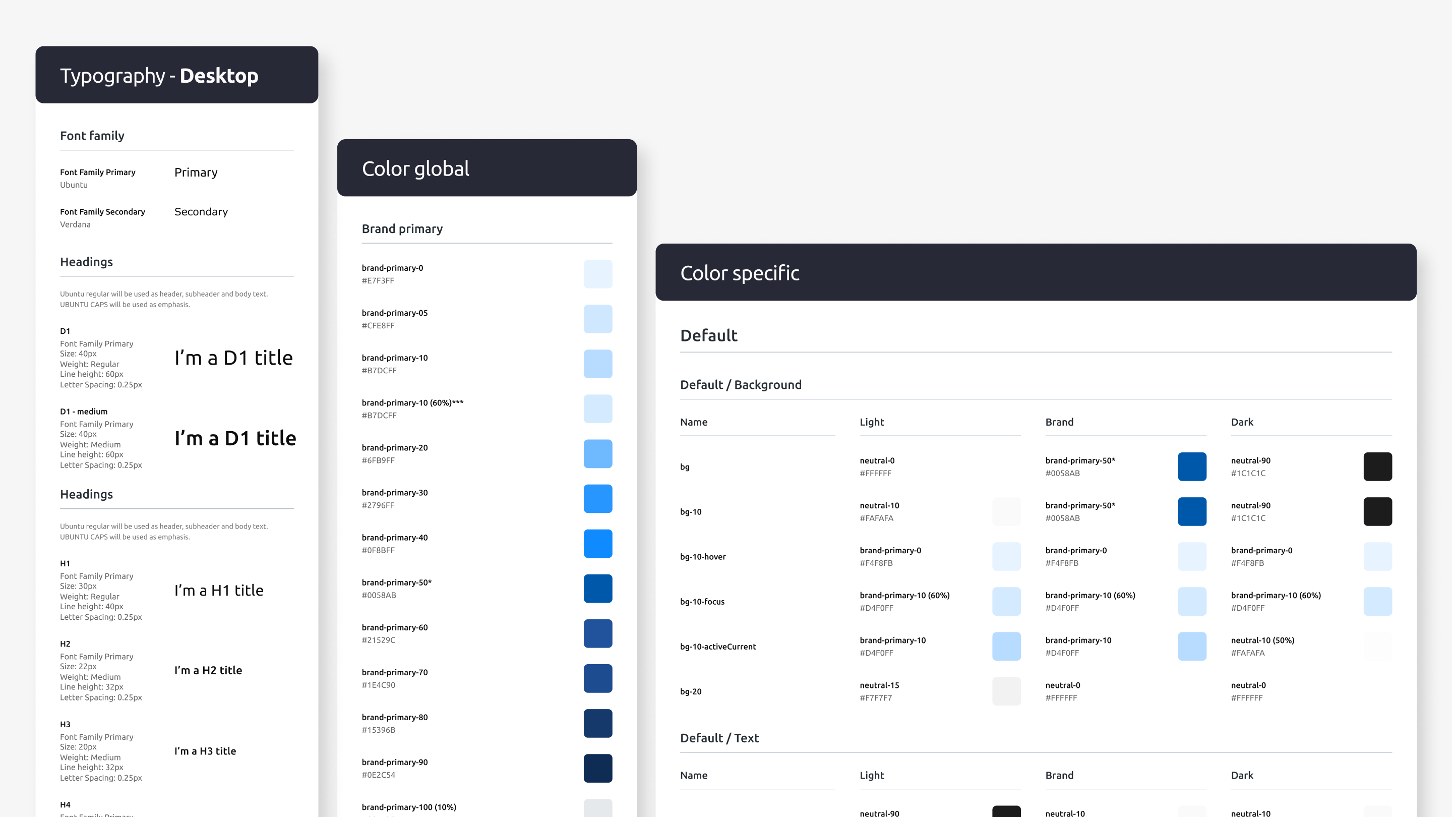ADCenter Design System — typography scale and color token table