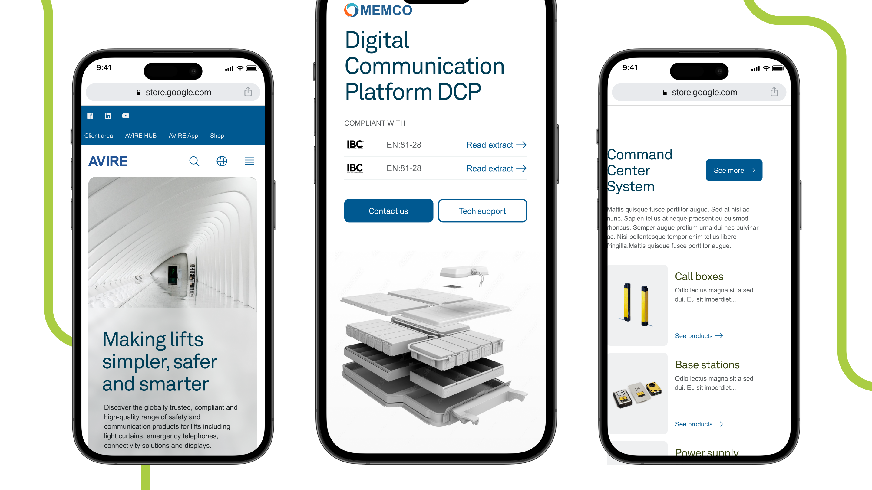 Avire platform — full scope of screens across homepage, products, compliance, resources, and contact