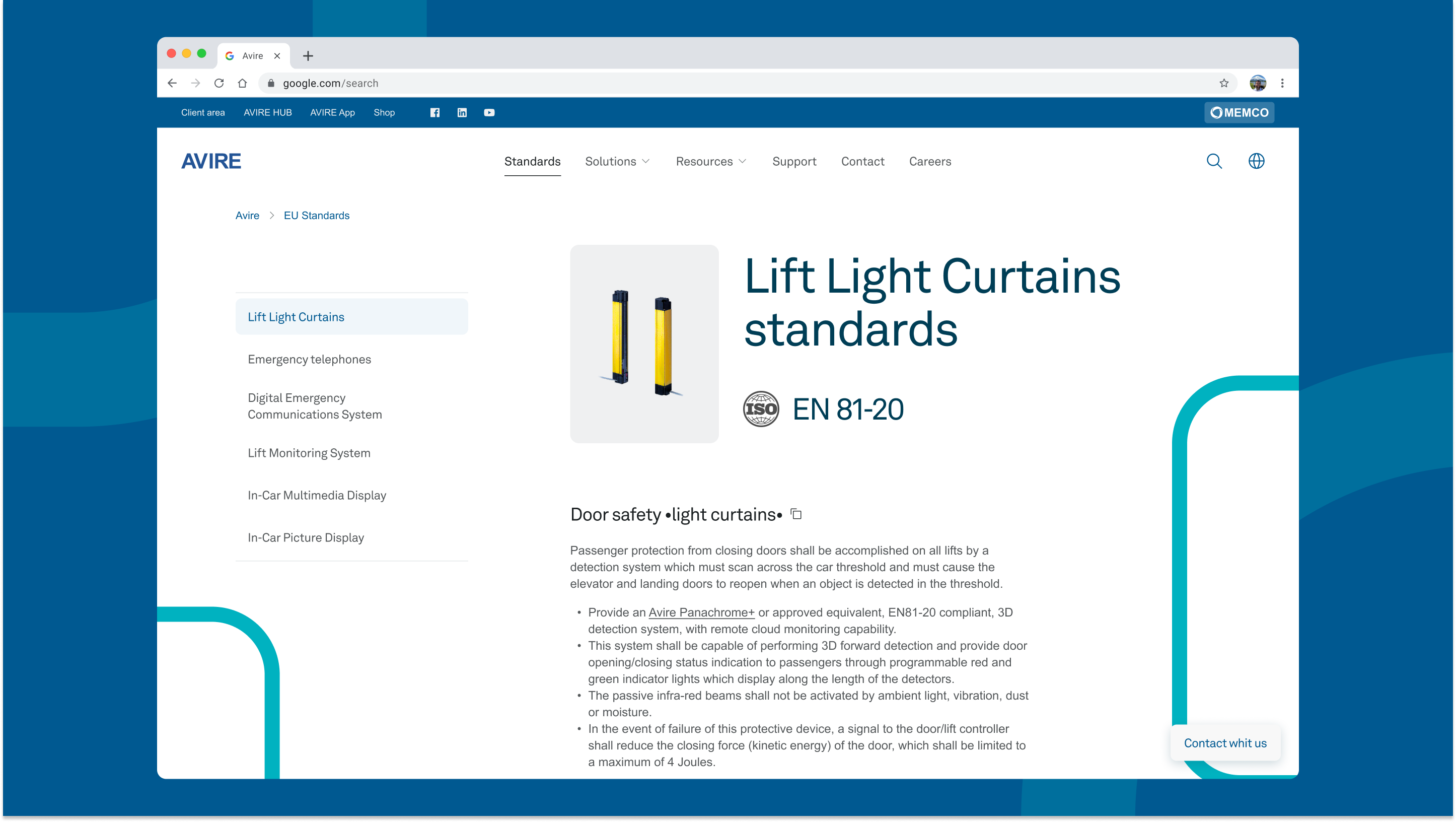 Avire EU Standards — Lift Light Curtains compliance page