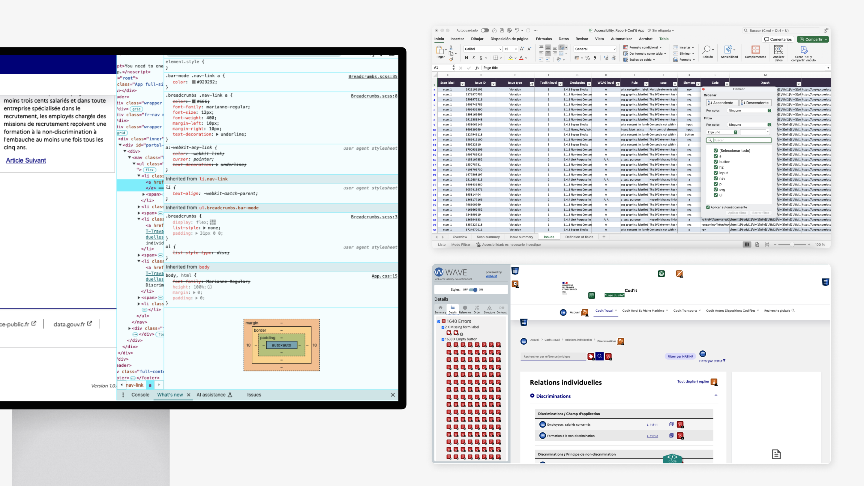 DNUM Audit — tools used: code inspector, WAVE, and Excel tracking sheet