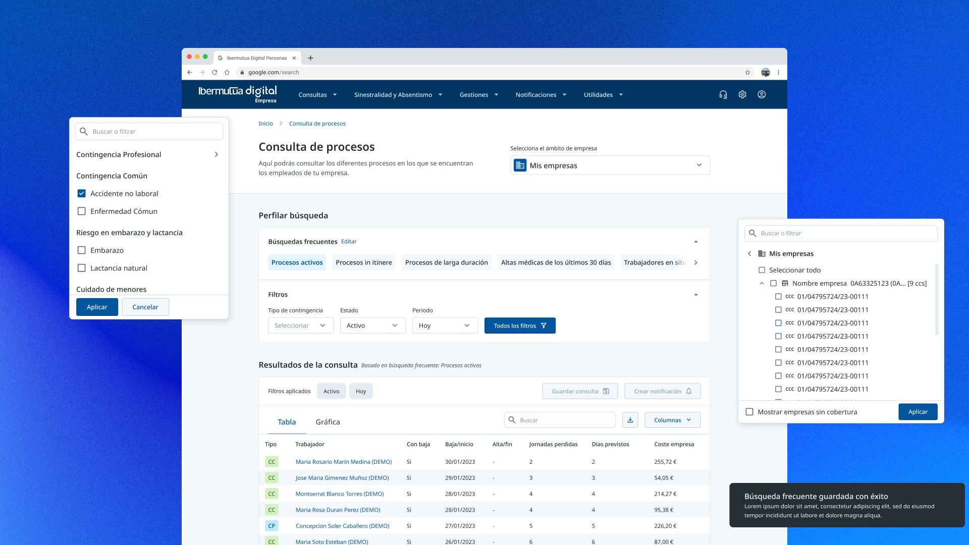The redesigned Ibermutua Digital Empresas — Process Query interface