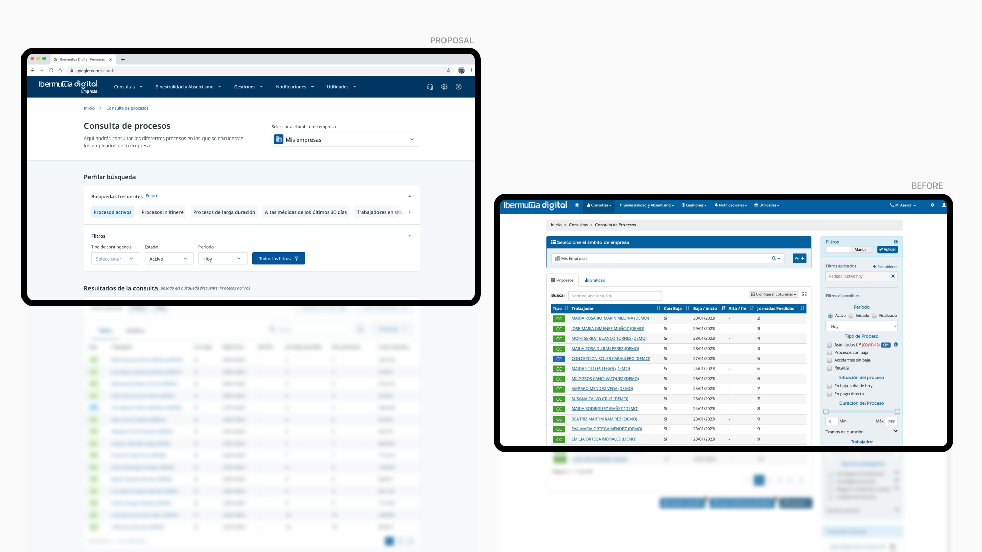 Before and after: the redesigned process query and filter interface